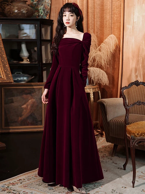 Wine Red Long Sleeves Velvet Wedding Party Dress, A-line Long Prom Dress Evening Dress